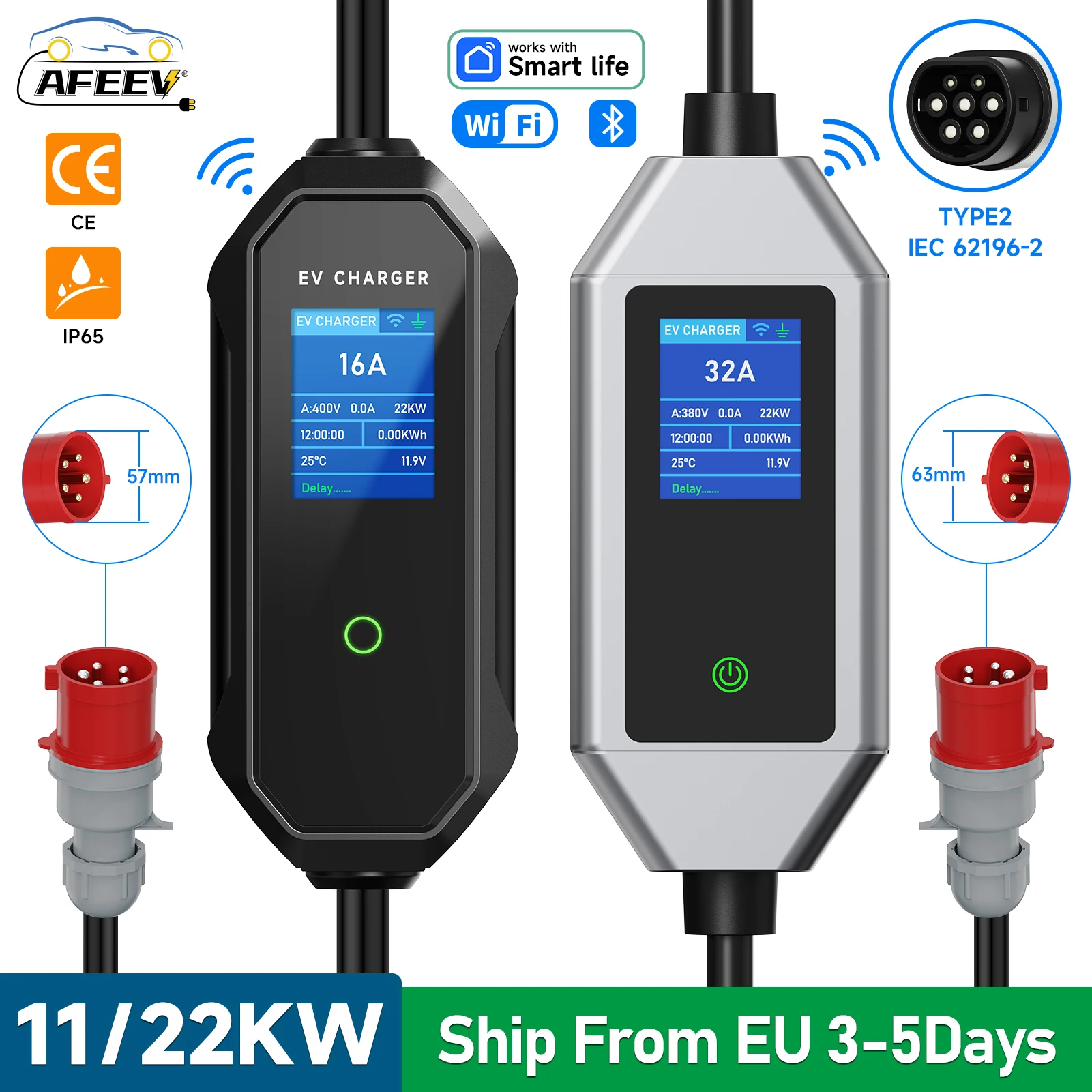 AFEEV 11/22KW Caricatore EV portatile Type2 IEC62196-2 Caricatore per auto elettrica 16A/32A 3 fasi EVSE Cavo di ricarica veloce WiFi APP di controllo