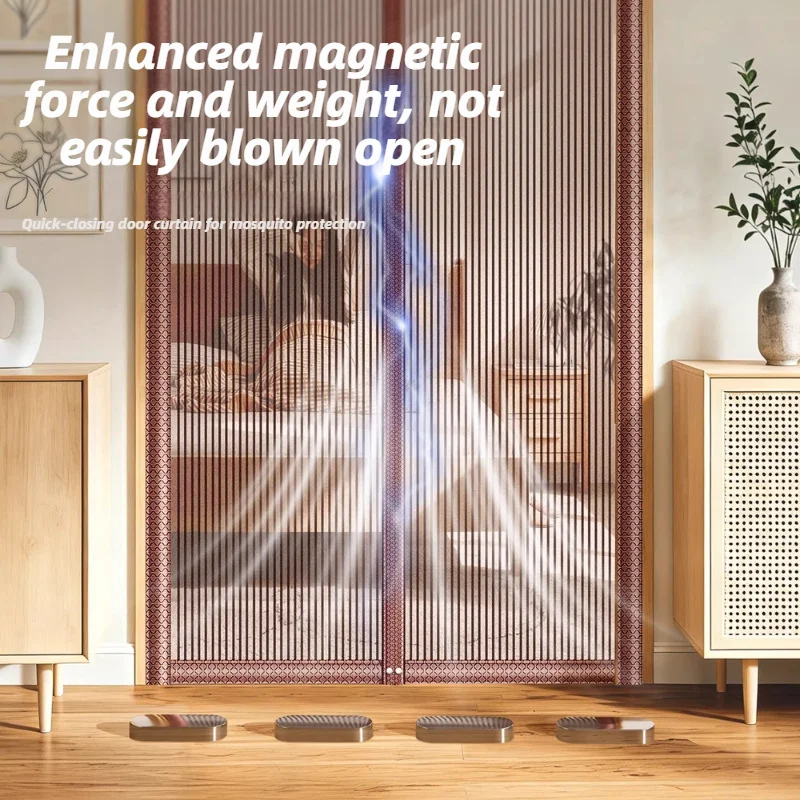 Gray Stripe Magnetic Mosquito Door Screen, Heavy Duty Diamond Mesh With 64 Strong Encrypted Magnets, Natural Camphor Wood Repell
