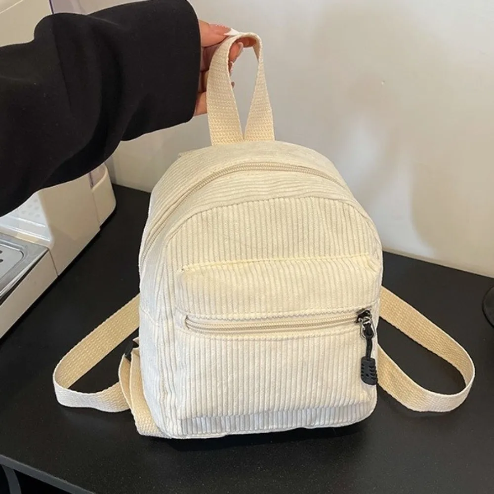 Fashion Solid Color Corduroy Mini Backpack Zipper Lightweight Double Shoulder Bag Multi Pocket Vintage Daypack Casual Travel
