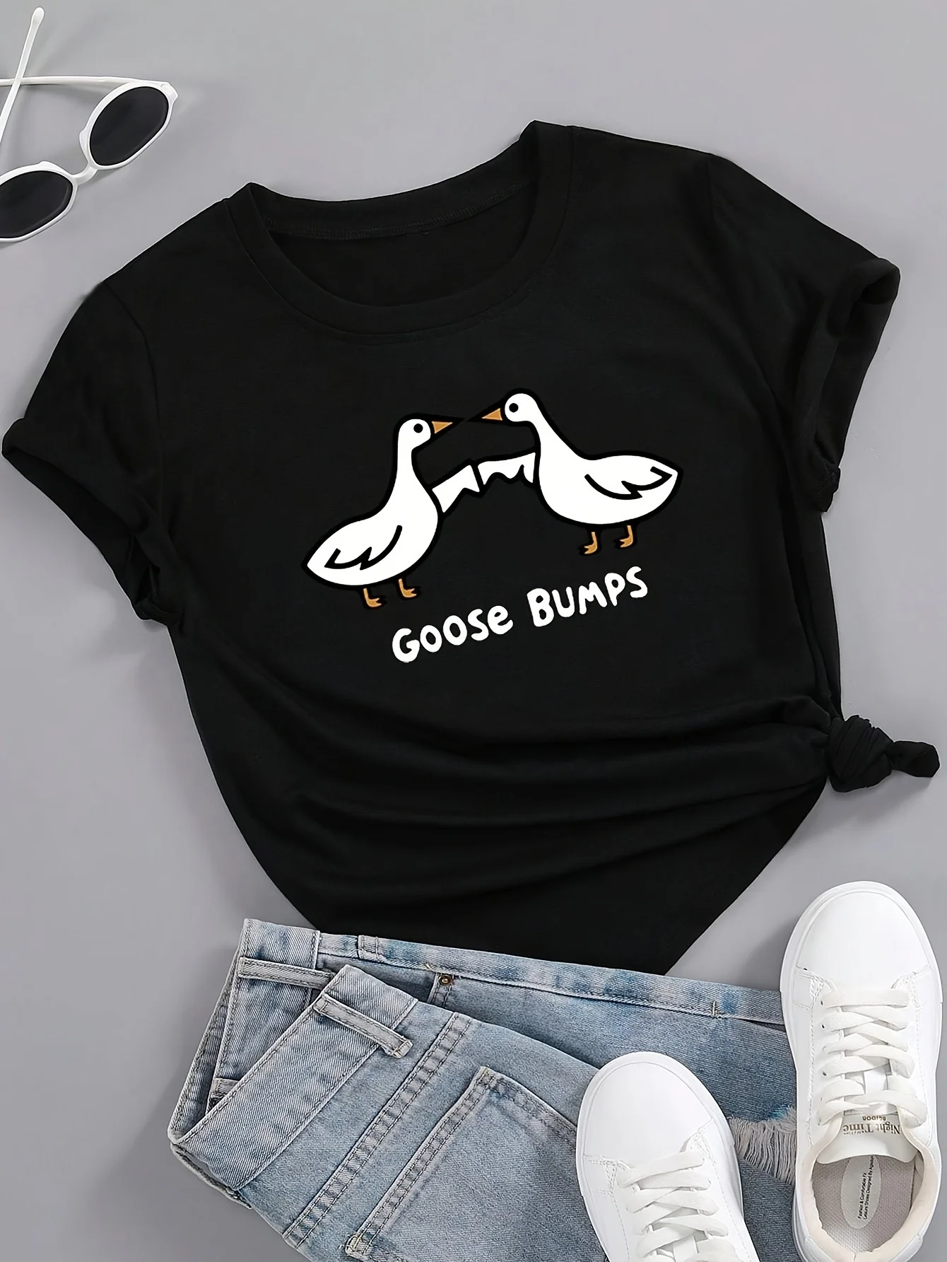 Women's Cute Goose Bumps Graphic T-Shirt - White & Grey Two Geese Facing Each Other Print Black Tee with Goose Bumps