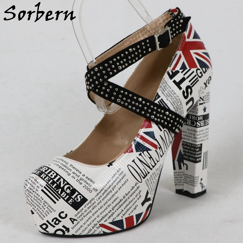 

Sorbern Block Heel Unisex Pump Shoe Invisible Platform Crystal Cross Straps Newspaper Women Shoes Chunky Heeled 15Cm Custom