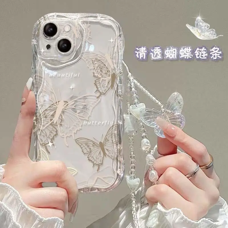 Korea Butterfly Phone Chain Case for Samsung Galaxy S25 S24 S23 S22 Ultra Plus S21 S20 FE A56 A55 5G A54 A34 A53 A35 A14 A15 A16