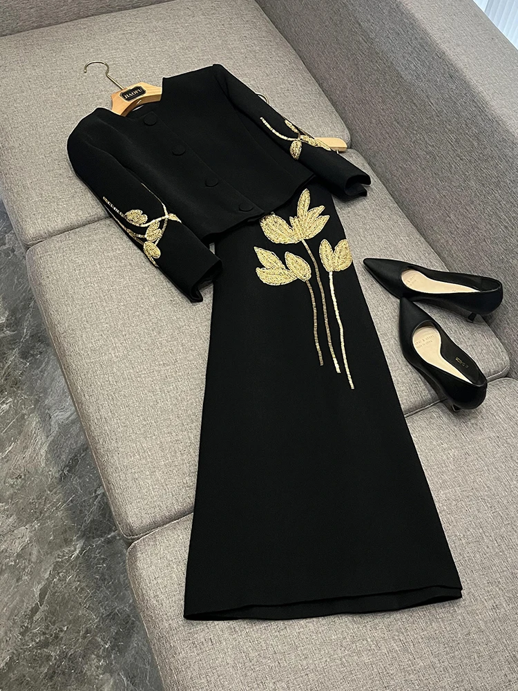 

Ele Floral Jaet Coat Heavy Embellied Tee Quarter Sve Set с юбкой-миди A0522JF Quali Chinese Faion Women'...