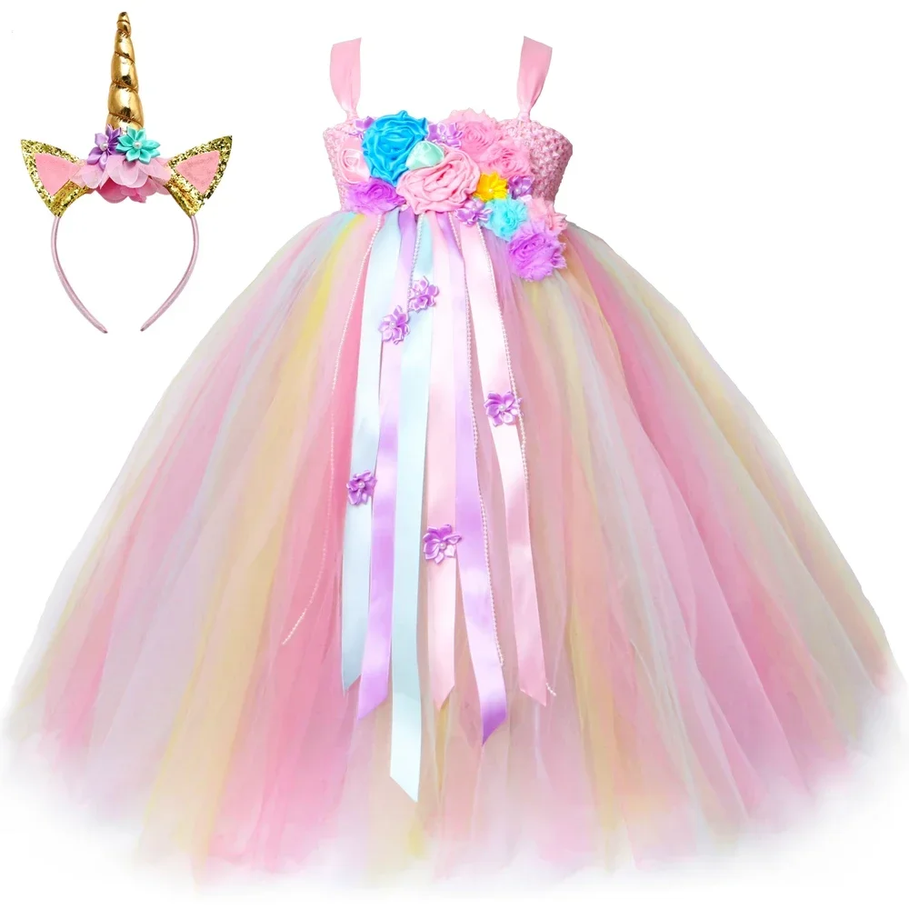 Flowers Unicorn Tutu Dress for Girls Long Pastel Rainbow Tulle Princess Dress Baby Kids Birthday Party Halloween Unicorn Costume