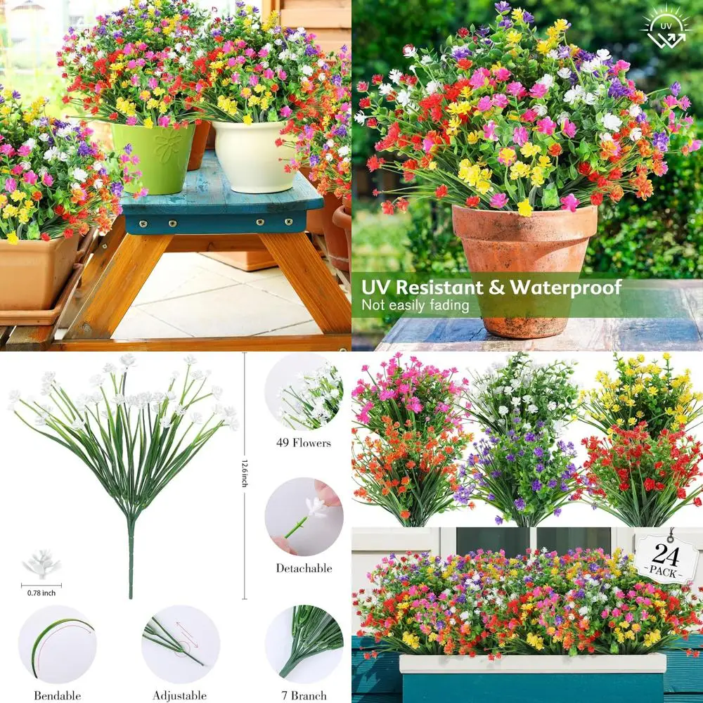 

24 Bundles Artificial Flowers Outdoor,No Fade Fake Plastic Flowers Faux Plants for Decoration Hanging Planters Indoor Outside Ga