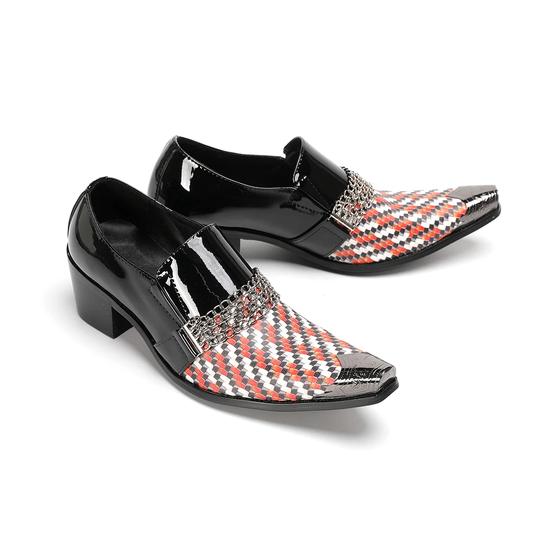 

Checkered Prints Metal Chains Decor Men Loafers Brand New Genuine Leather Slip On Oxford Male Party Business Dress Shoes