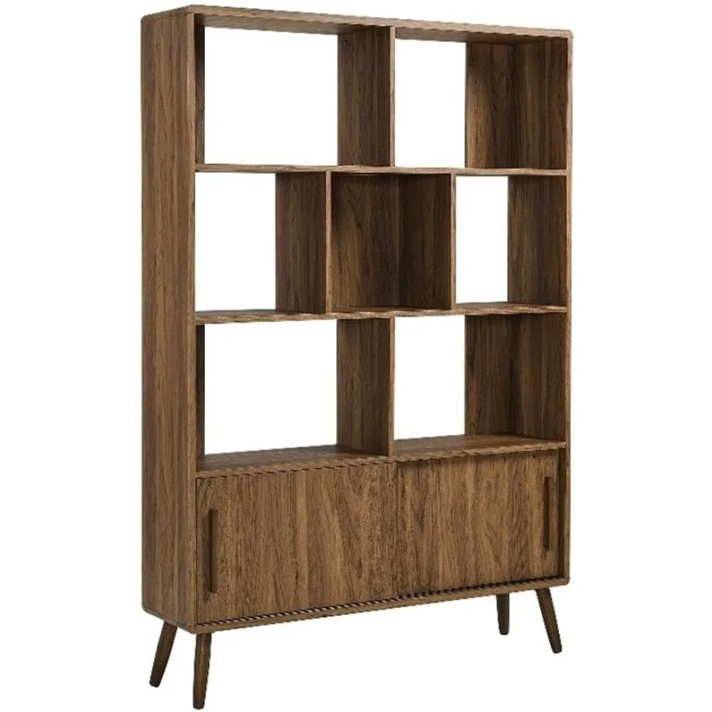 

Transmit 8 Shelf Bookcase with Sliding Doors in Walnut - 45 Inch Wood Mid-Century Modern Bookshelf - 4 Tier Tall Open Display S
