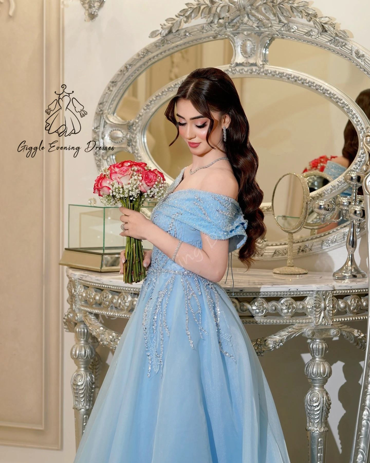 Giggle V-neck Beaded Lace Short Sleeves Saudi  A-line Evening Gala Dress 2025 New Style Cocktail Dresses