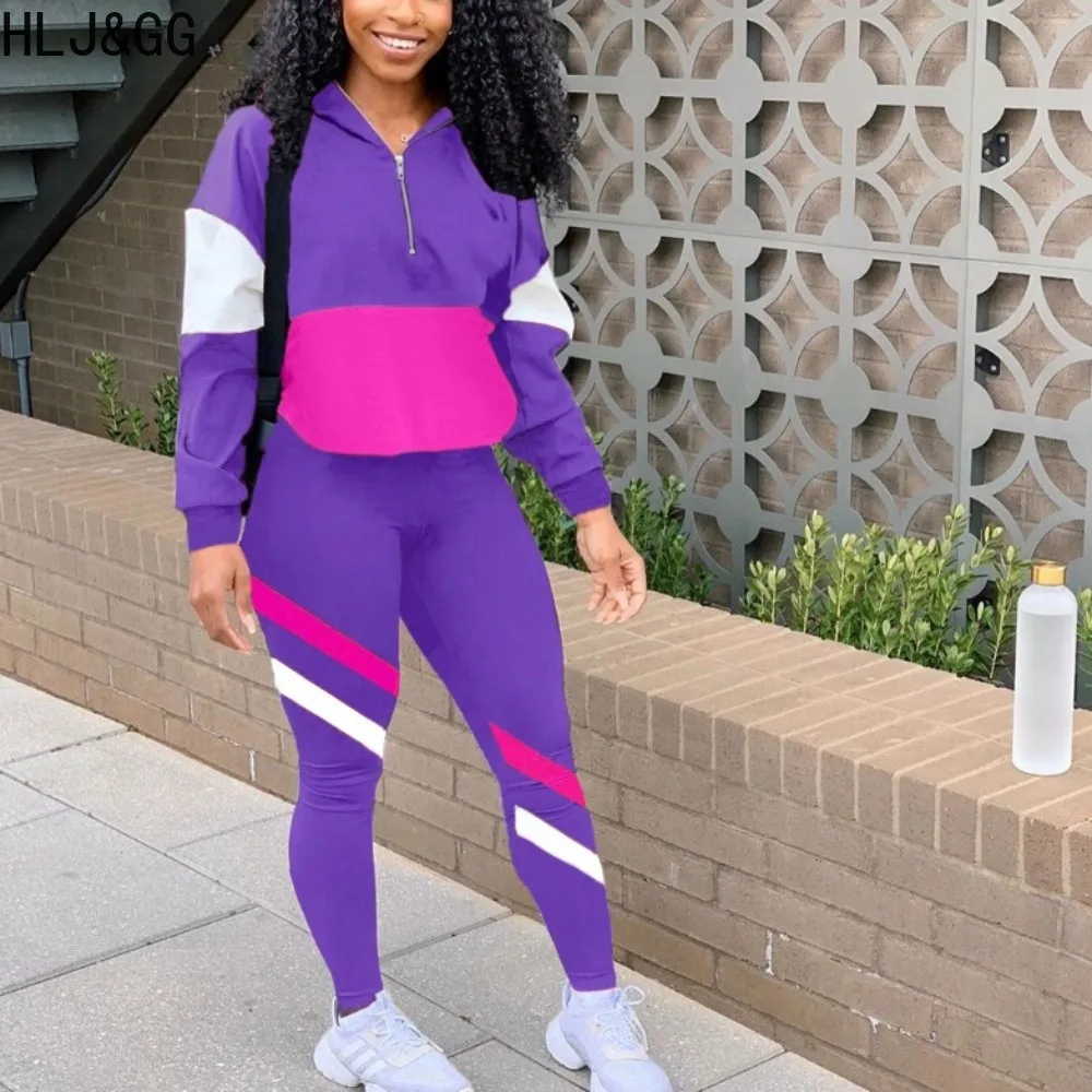 HLJ&GG Color Block Zip Stand Collar Women Spring 2024 Casual Tracksuits Female Sport Streetwear 2pcs Outfits Pants Matching Sets