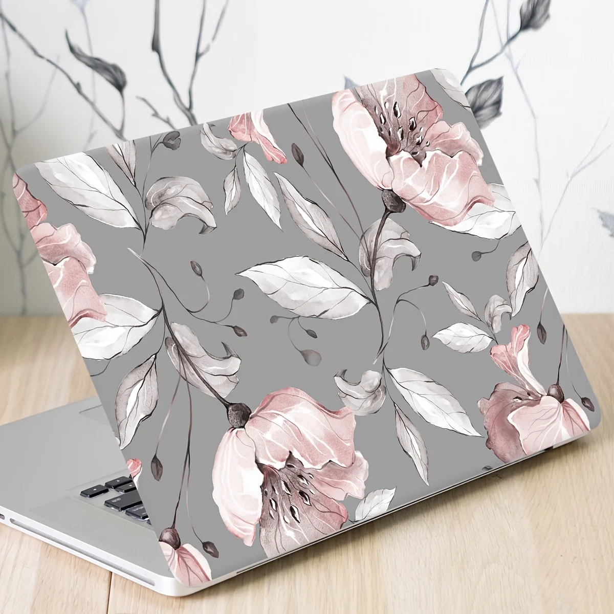 

Laptop Cover - Scratch Resistant, Elegant Pink Flower Design with Green Leaves, Stylish Decor, Suitable for Ladies and Students
