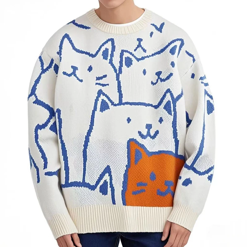 

Vintage Cat Sweater Men 2025 Winter Cartoon Loose Knitted Sweater Japanese Harajuku Hip Hop Streetwear Women Knitwear Pullovers