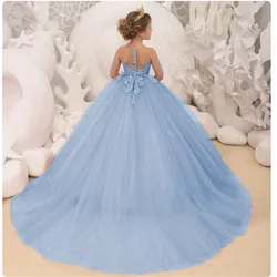 Vestidos sencillos de flores para niña, vestido de desfile de princesa, mangas completas, apliques de boda, cumpleaños, personalizado, 2-14 años