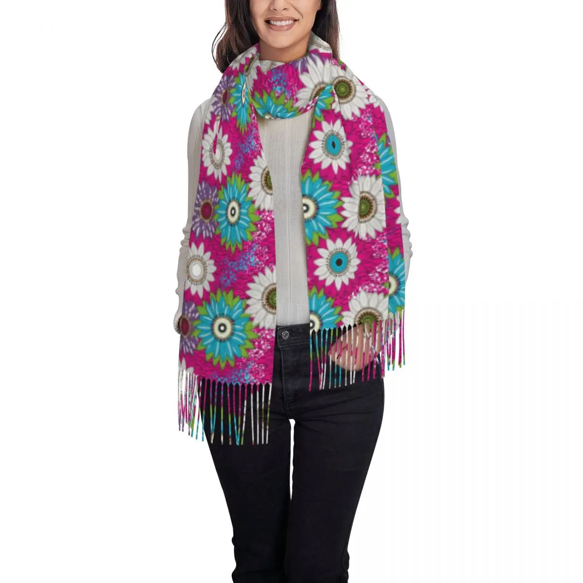 Custom Colorful Floral Botanical Flower Tassel Scarf Women Winter Warm Shawl Wrap Female African Ankara Style Scarves