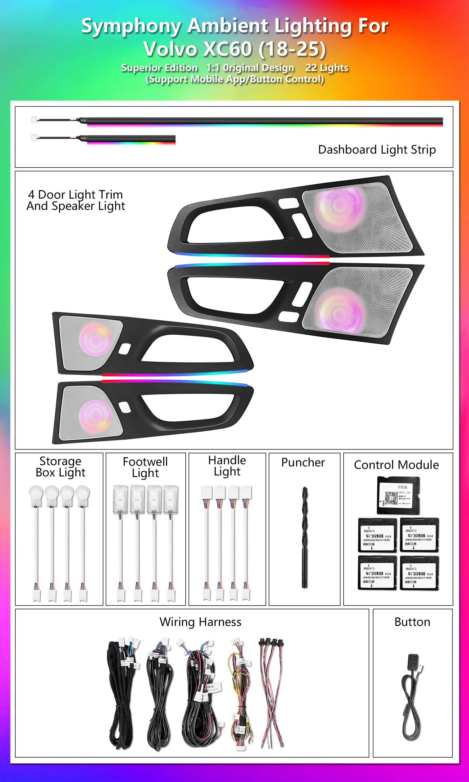 ICarsin For Volvo 2018-2025 XC60 Ambient Light Dynamic Colorful Panel Speaker Decor Car Interior LED Light Strip Upgrade Kit
