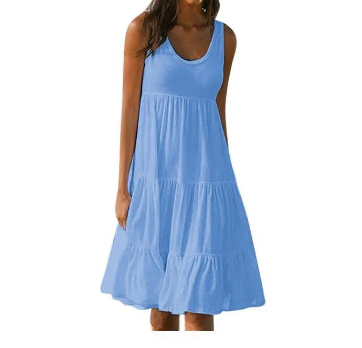 Plus Größe Frauen Casual O Hals Ärmellose Rüschen Mini Kleid Boho Solide Strand Sommerkleid Übergroßen Lose Kleid 2025, Sommer – Detail 6