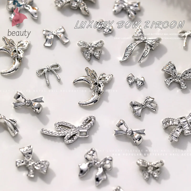 10 Stuks Zilver Legering Nail Art Strik Bedels Accessoires Onderdelen Voor Manicure Versieren Retro Nagels Decoratie Ontwerp Benodigdheden