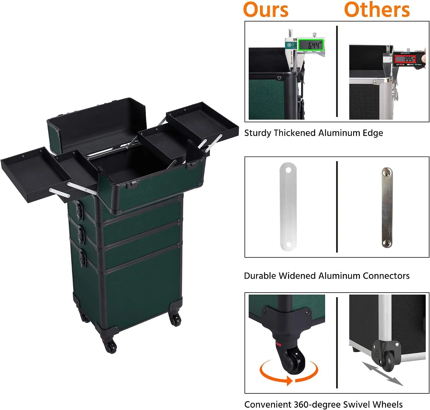 4 In 1 Rolling Makeup Train Case, Lockable Green Cosmetology Cart Aluminum Framed Cosmetic Trolley On Swivel Wheels With Stackable Accordion Trays For Nail Makeup Supplies Storage, Green view 6