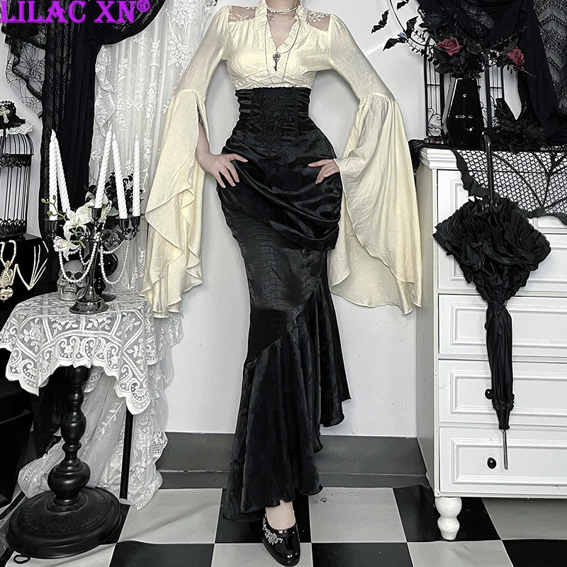 

Готические черные асимметричные облегающие юбки-русалки с высокой талией, сексуальные новые модные эстетические тонкие длинные юбки, женская осенняя одежда