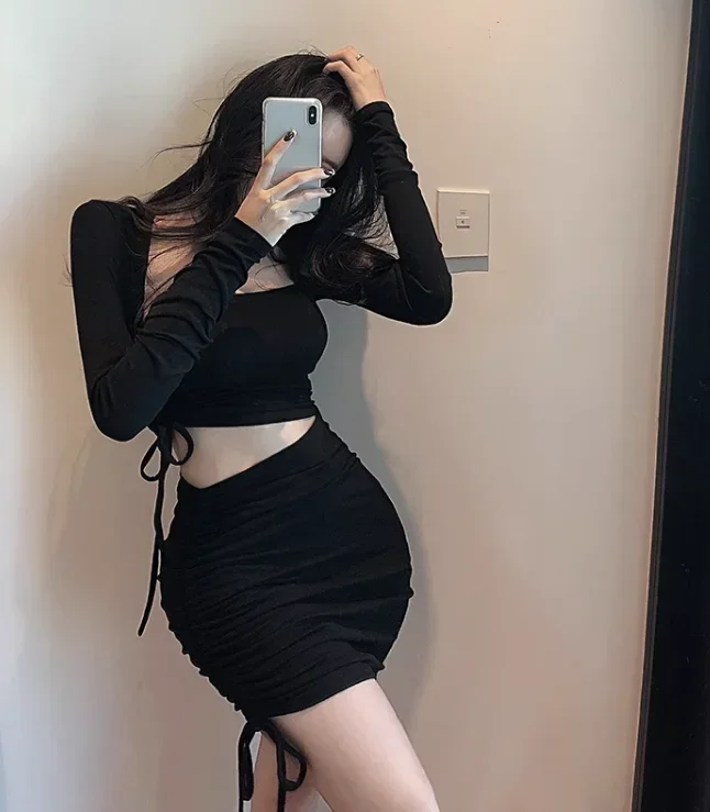 Y2K Aesthetic 2 Pieces Set 2024 Summer Backless Sexy Hollow Out Dress Crop Cardigan +drawstring Dresses Bodycon Outfits