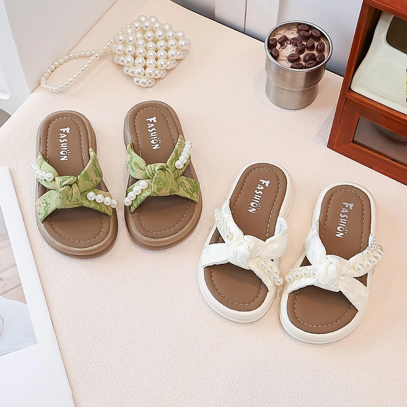 Girls Pearls Bow Slide Sandals Kids Summer Beach Shoes Non-slip Soft Sole Open Toe Children Casual Princess Slippers 2026 New