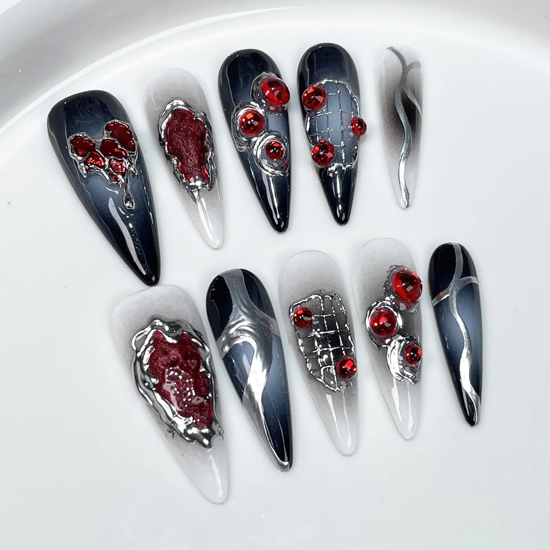 10st handgemaakte pers op kunstnagels donkere lange stiletto volledige over rode diamant zilveren lijn ontwerp nepnagels coole manicure nageltip