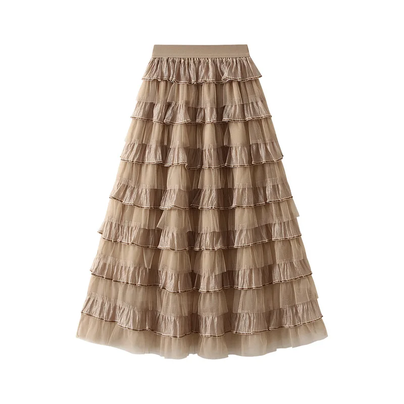 Süßer, bauschiger Tüll-Midirock für Damen, hohe Taille, gestufte Rüschen, A-Linie, süßer Stil, für Hochzeitsgäste, Einheitsgröße, Polyester – Detail 2