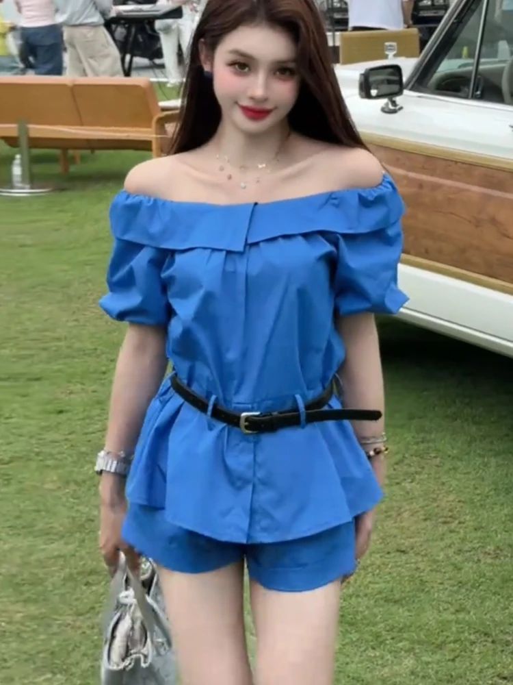 

Summer outfit set for women 2025 new Korean version ruffled edges one neck off shoulder shirt shorts commute two-piece set