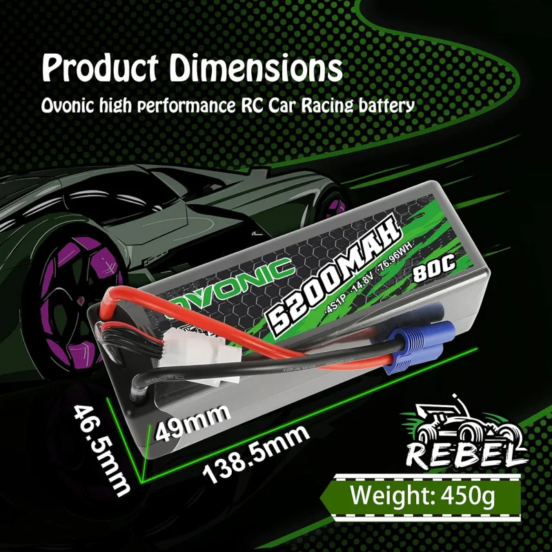 Batteria Lipo OVONIC 4S 80C 5200mAh 14,8V Batteria Lipo con connettore EC5 per auto e camion Arrma 1/5 1/8 1/10 RC