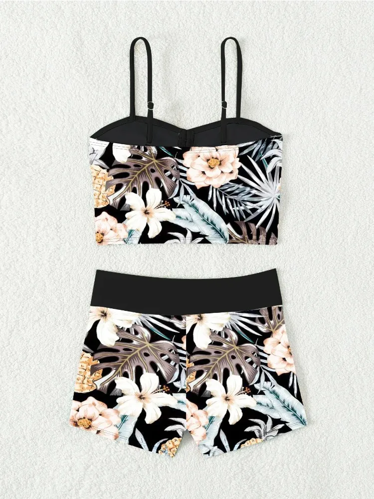 Summer Women Vintage Black Floral Print Bikini Set Pleated Push Up Drawstring High Waist Tankini Swimsuit 2025 New Swimwear