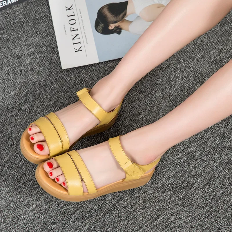 YAERNI Genuine Leather Women Flats Beach sandals shoes ladies Platform Sneakers Flip Flop shoe summer Fashion Mid Heel footwear