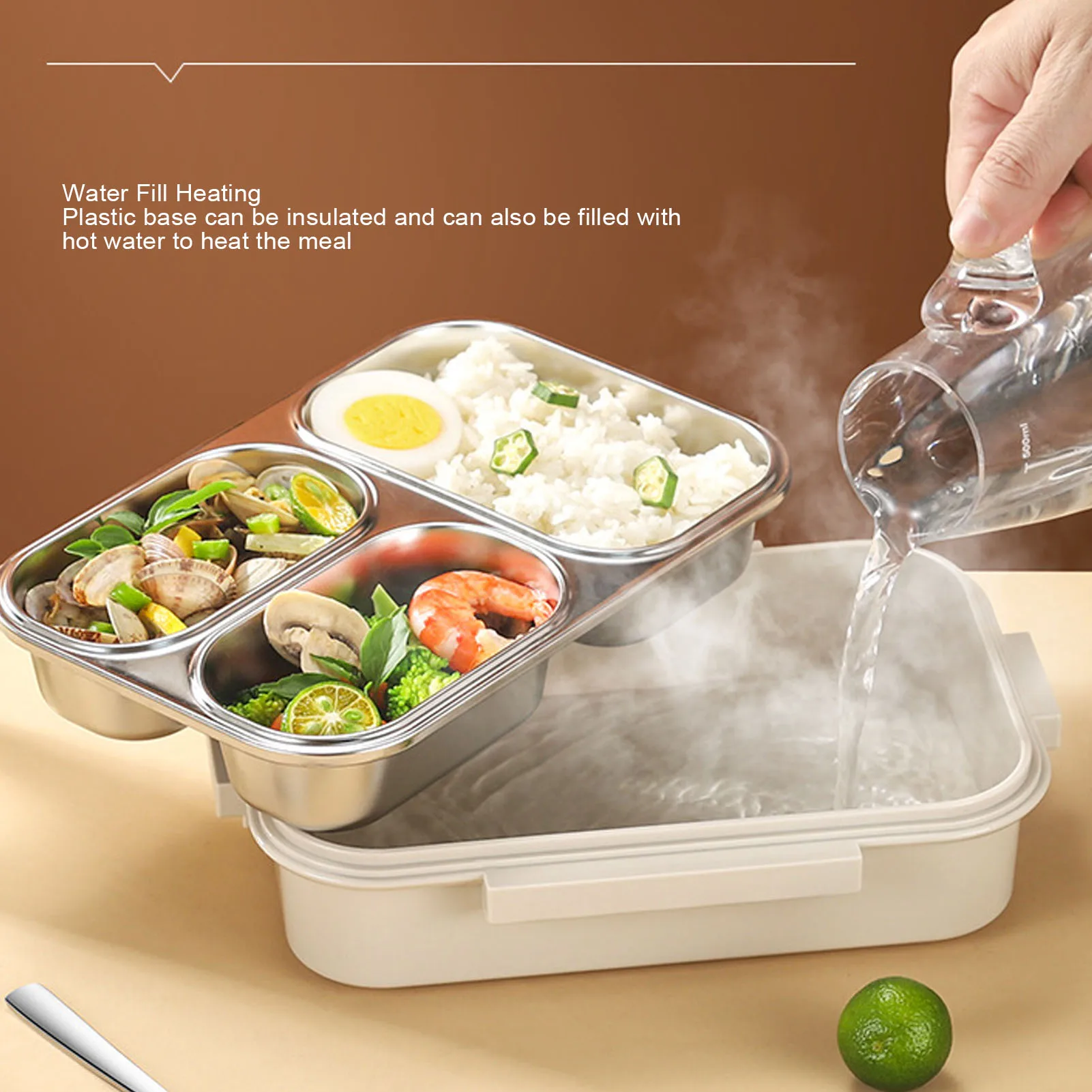 1.2L Capacity Divided Lunch Box 304 Stainless Steel Leakproof Heatable 3 Compartments Rectangular Food Container