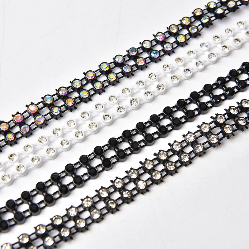 5Yards Double Rows Rhinestone Decorative Chain Trim Balck White Plastic Mesh Banding Diy Embellishment For Wedding Dress Shoes