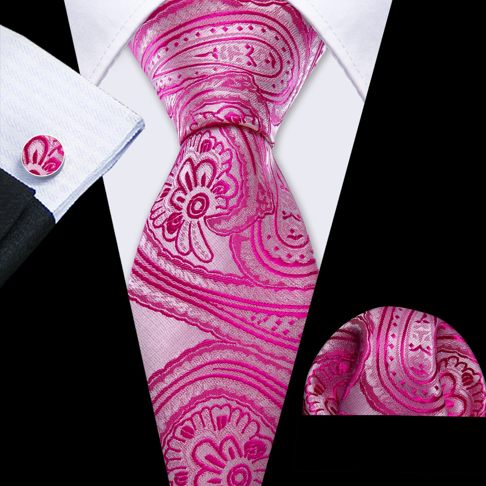 Barry.Wang Set Dasi Pria Jacquard Motif Semangka & Pink Persik dengan Penutup Saku dan Kancing Manset, Dasi Elegan untuk Pria, Pernikahan, dan Bisnis