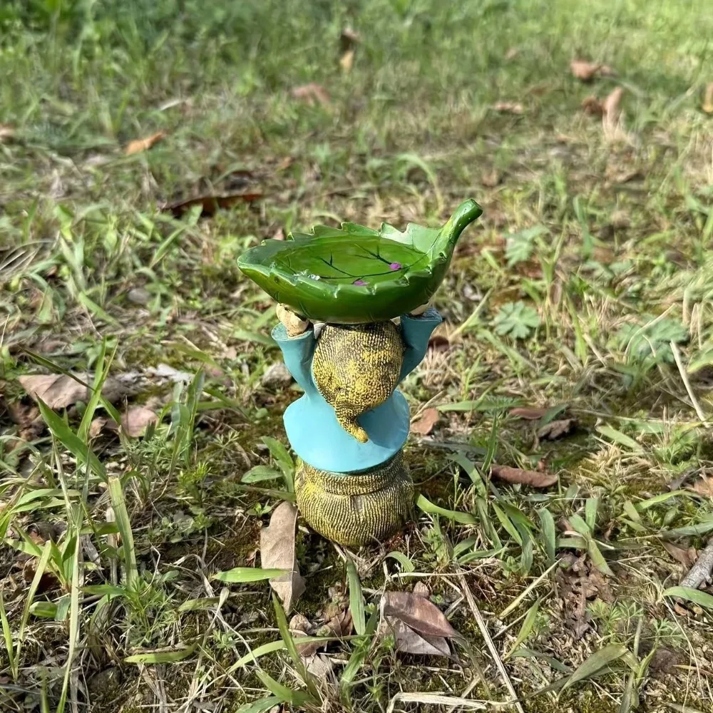

Unique Cartoon Dwarf Sculpture Holding Leaves Resin Garden Gnome Statue Fun Bird Bath Horticulture