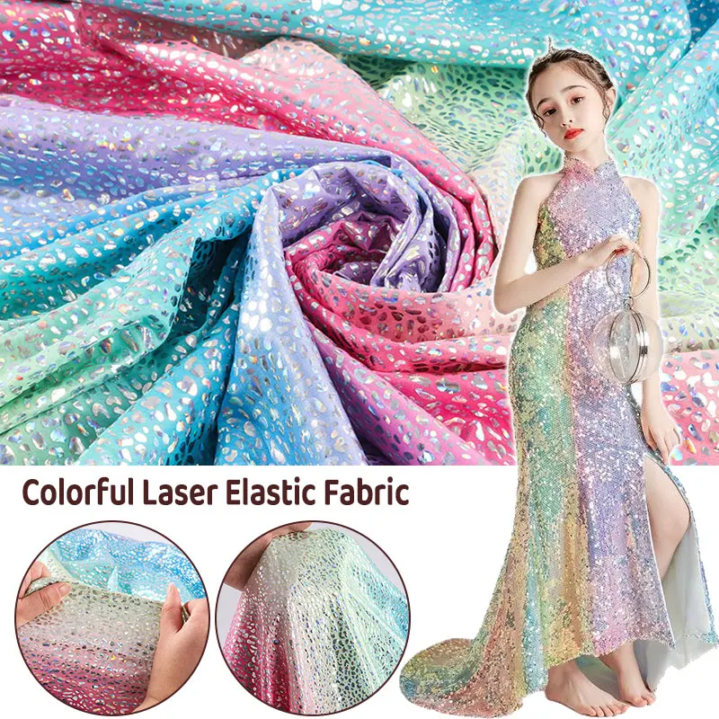 

1x1.5m Colorful Laser Gradient Fabric Printed Elastic Gradient Children's Performance Clothes Dresses Swimwear Crafts DIY Fabric