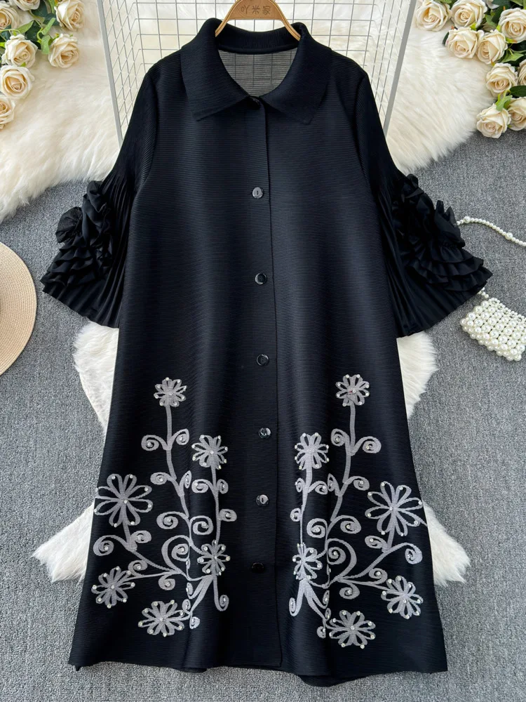 EWQ Fashion Print Pleated Dress Women Lapel Floral Sleeves Design Single Breasted A-line Dresses 2024 Summer New 27C177