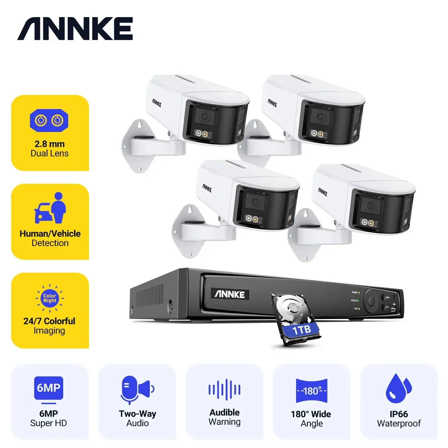 ANNKE 6MP Security Camera Dual Lens 8CH NVR Ultra HD POE Ai Human Detection CCTV Video Surveillance Kit 180 Degrees Panoramic