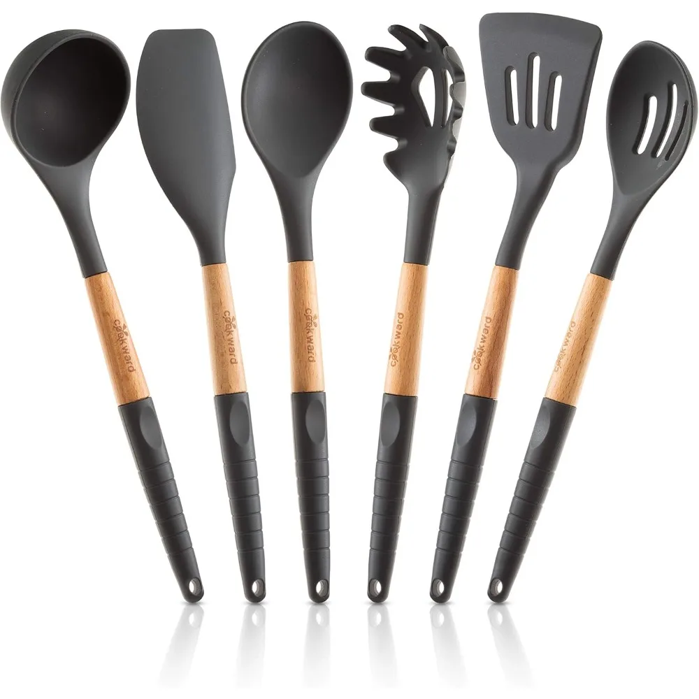 

6 pcs silicone cooking utensils set-natural wood kitchen utensils – eco friendly & bpa free, non-scratch & non-stick easy grip