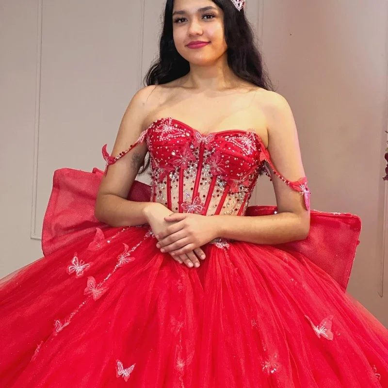 فستان Mexico Quinceanera أحمر مع حبات دانتيل ، فساتين كرة رسمية حلوة ، أميرة حبيبة ، قوس كبير ، حفلة عيد ميلاد ، 15 سنة