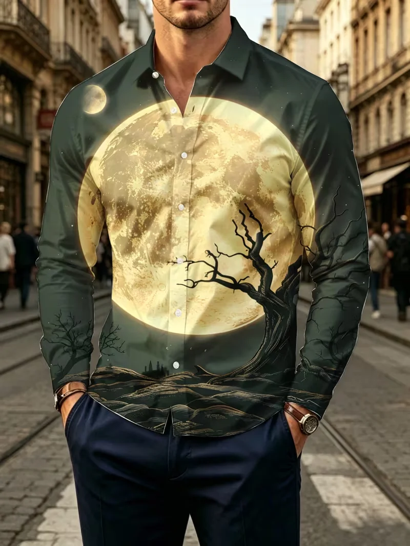 New Moon Night withered Tree Landscape 3D Printed Long Sleeve Shirt Dark Casual Men's Trendy Collar Shirt