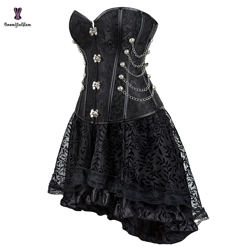 Steampunk Corset Suit Set Steel Boned Overbust Corsets Top With Gothic Skirt For Women