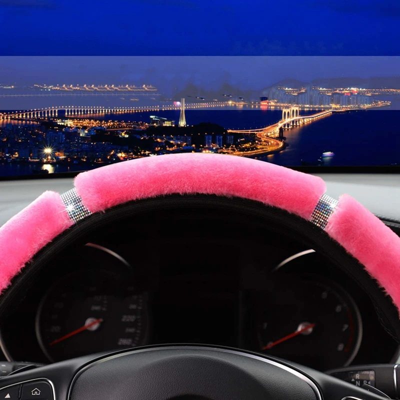 Car Steering Wheel Cover Gearshift Handbrake Cover Protector Decoration Warm Soft Plush Rhinestone Black Pink Women Man