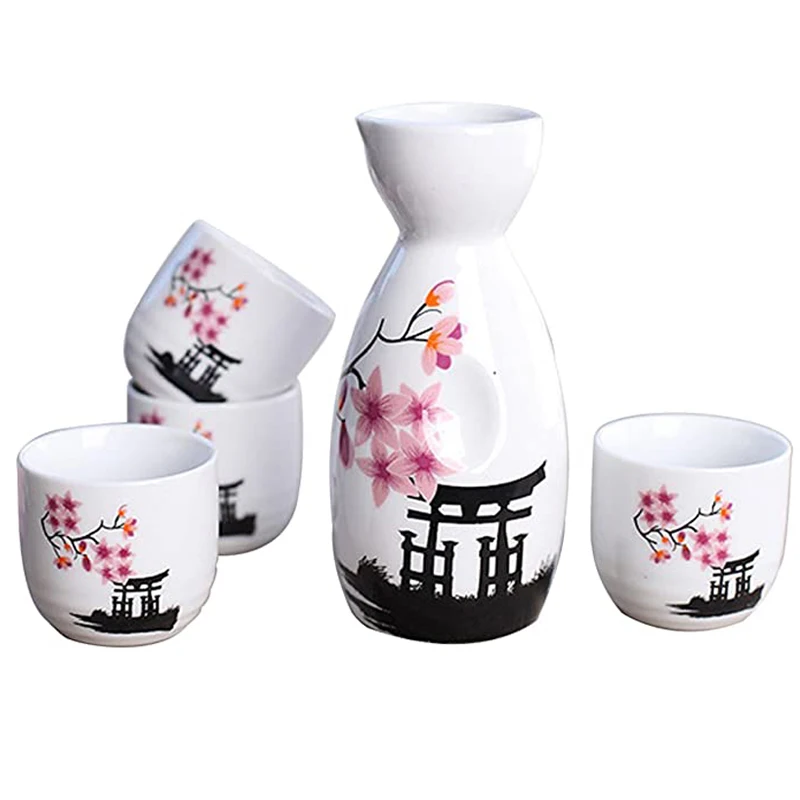 

5 Pieces Ceramic Japanese Sake Set, 1 Serving Carafe and 4 Cups Kitchen Dining Bar Drinkware Japanese Sake Wine Set