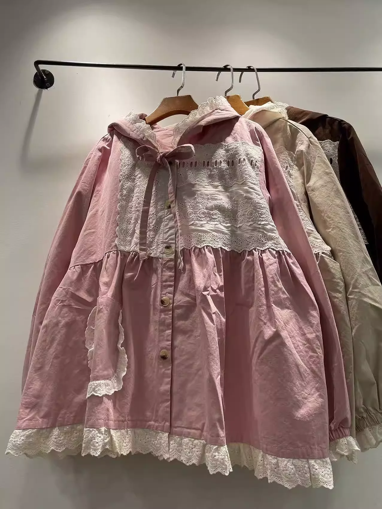 2026 Sweet spring clothes mori girl spring autumn Japanese style cotton pink beige coffee lace patchwork shirts and blouses