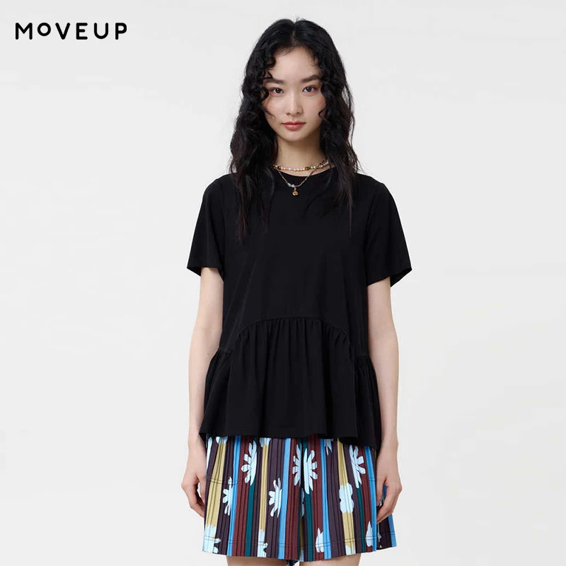 MOVEUP Solid Color Round Neck Short Sleeved T-Shirt 2026 Summer New Patchwork Pleated Hem Minimalist Tee Top For Women 3ELX10512