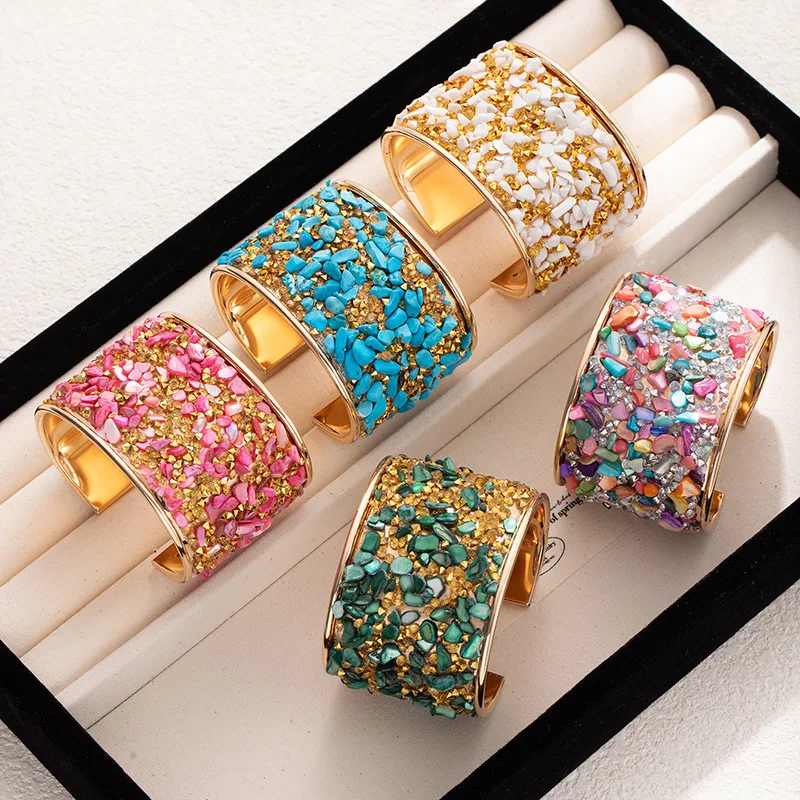 

Bracelet with Diamond-Set European-Style Coloured Chips Wide-Band Open Cuff for Men and Women