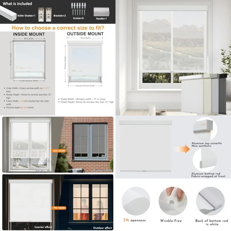 

Free-Stop Cordless Solar Shades for Windows Shades Light Filtering Roller Shades White, 20" W x 72" H 5% Openness UV Protection