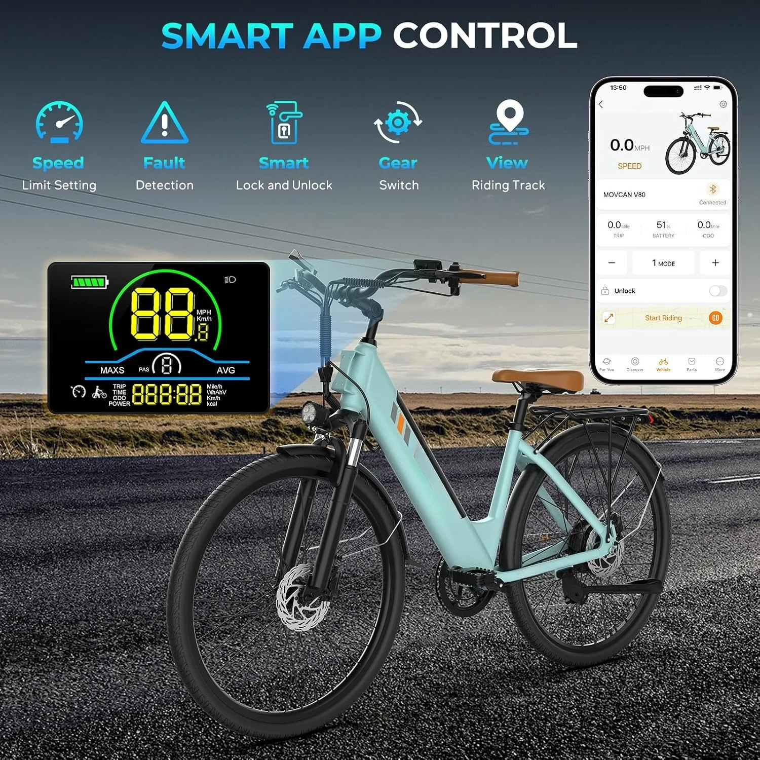 V80 26" Adult City Cruiser Electric Bike 1000W Motor 28MPH 48V 13Ah Battery 70 Miles Range, Customized