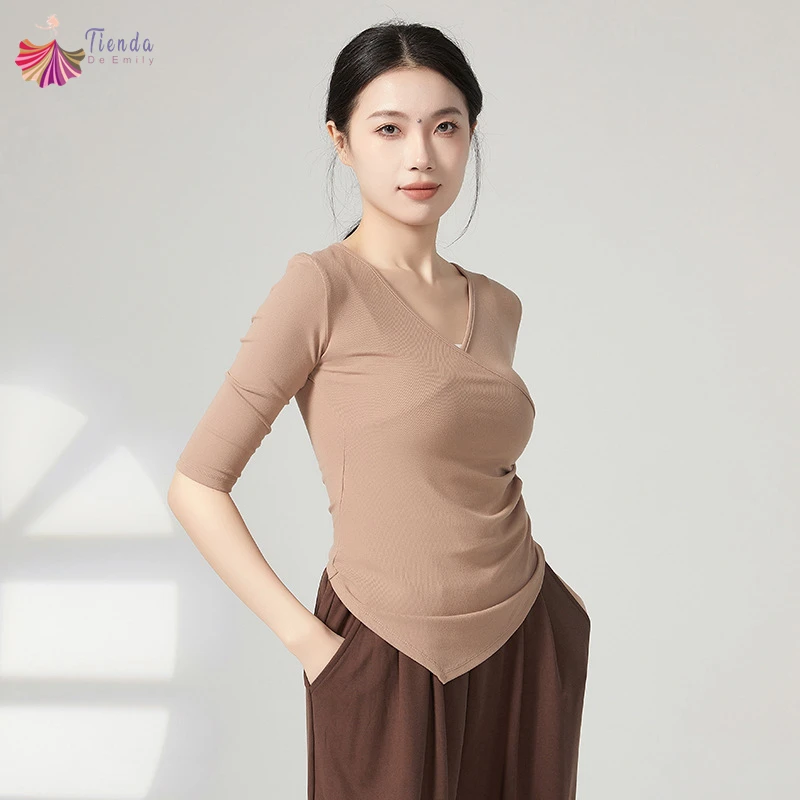 Classical Dance Clothes Women Middle Sleeve Shirt V-Collar Contemporary Dancing Costume Hanfu Irregular Hem Stage Training Tops