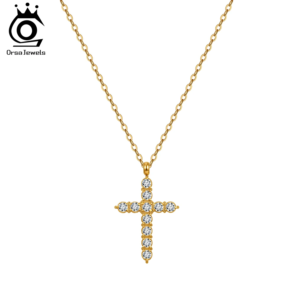 

ORSA JEWELS Shiny Zirconia Cross Necklaces Set Jewelry Dainty Stainless Steel Cross Choker Collar Waterproof Fashion Gift STKN16
